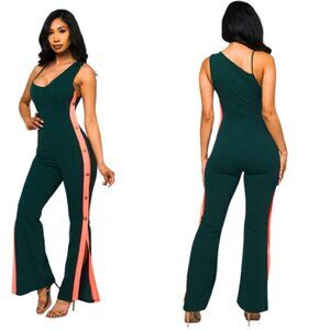 NWT Hunter Green & Pink Stripe, with Buttons Women's Bell Bottom Flare Jumpsuit